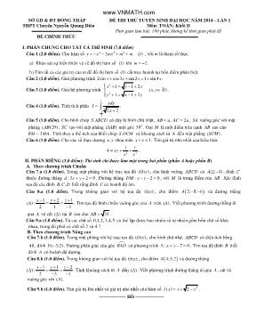 Đề thi thử tuyển sinh đại học năm 2014  lần 1 môn Toán khối A + A1 + B - THPT Chuyên Nguyễn Quang Diêu